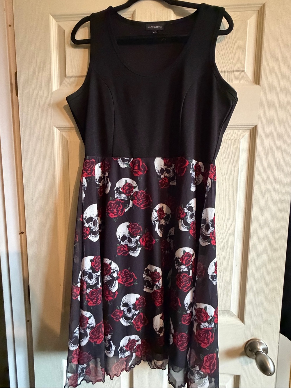 Sleeveless Black Skater Dress with Red Rose & Skull Print